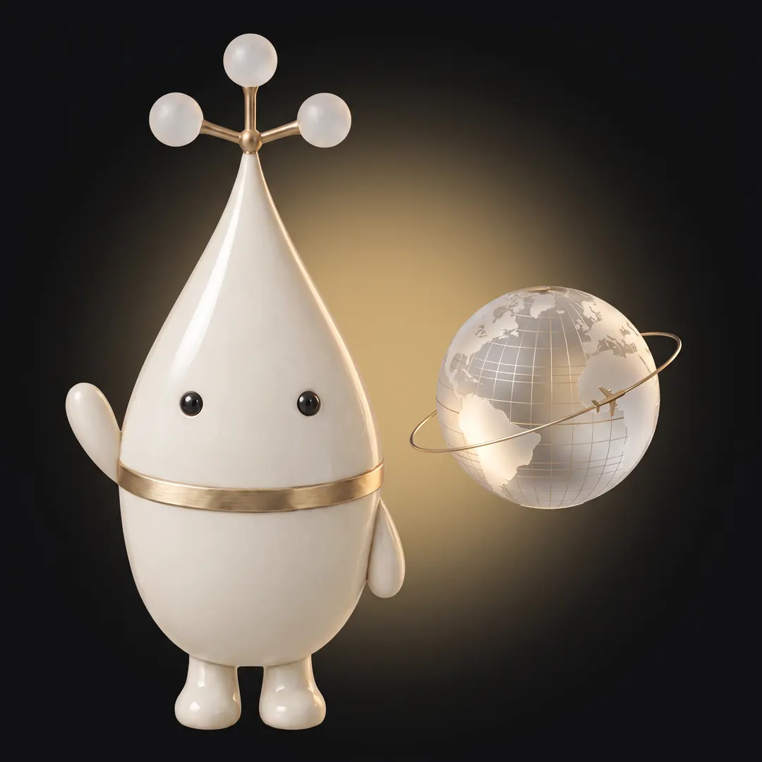 Pep waving next to a glass globe with a small airplane