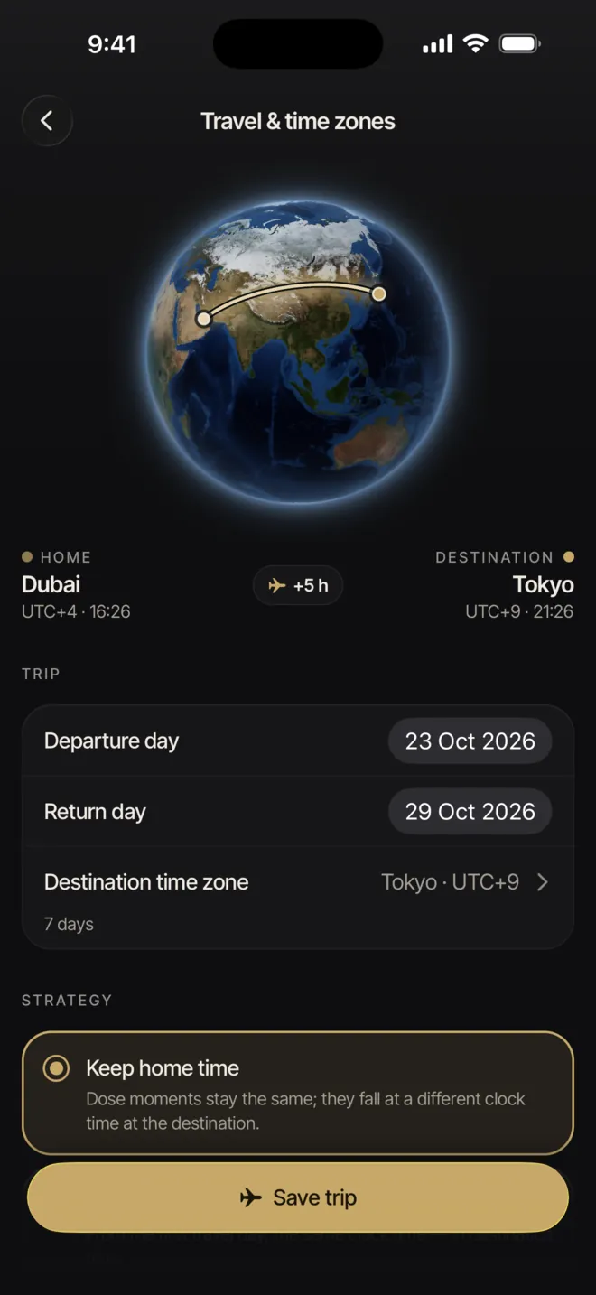 PepLabo travel mode with a globe and time difference options